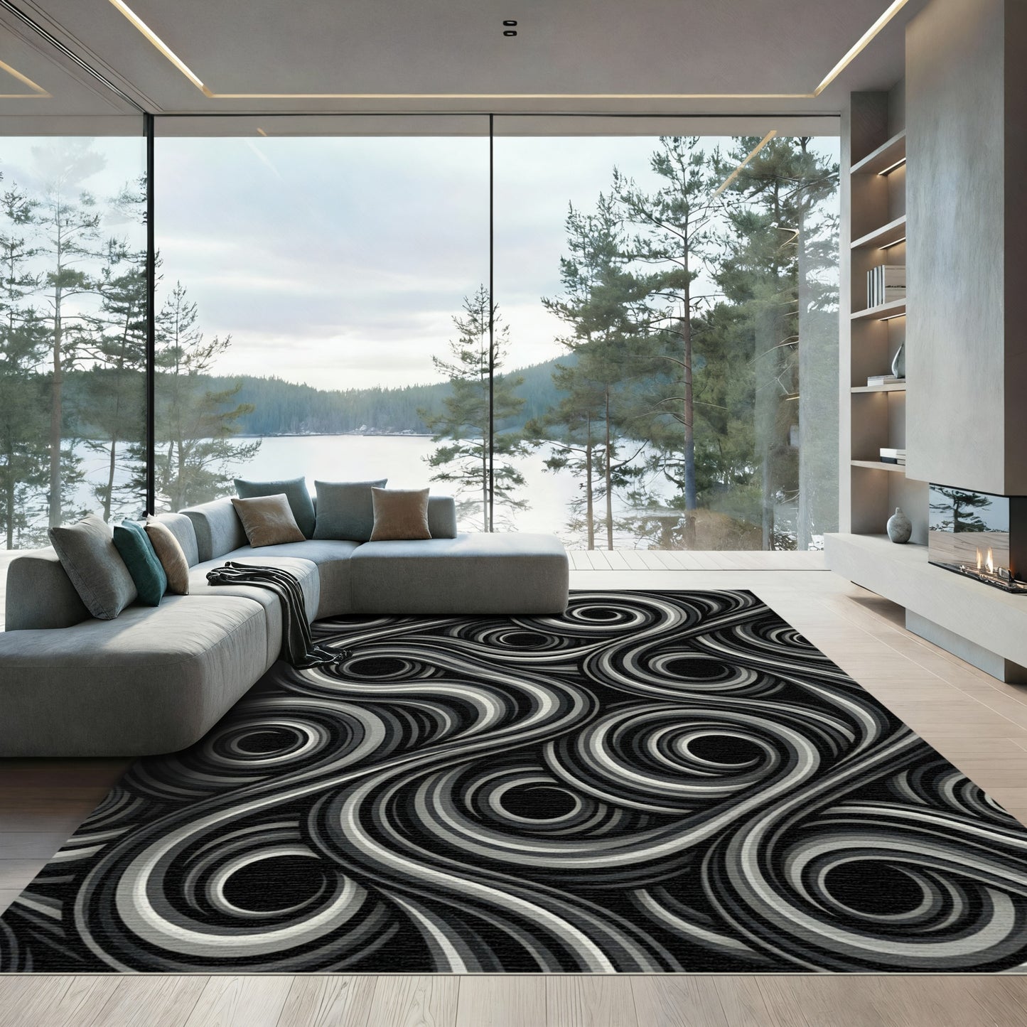 Monochrome Swirl Ribbon Abstract Rug