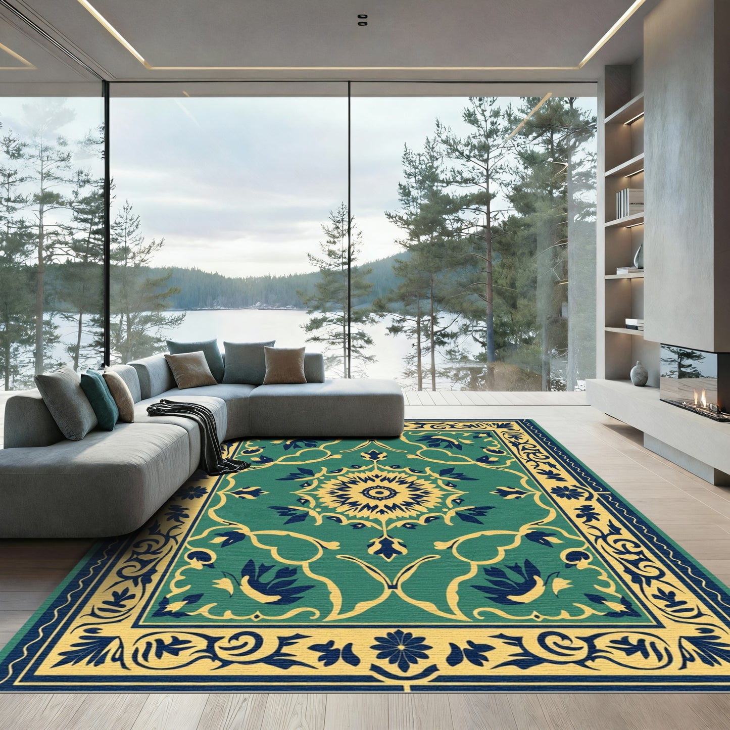 Teal and Gold Floral Medallion Rug
