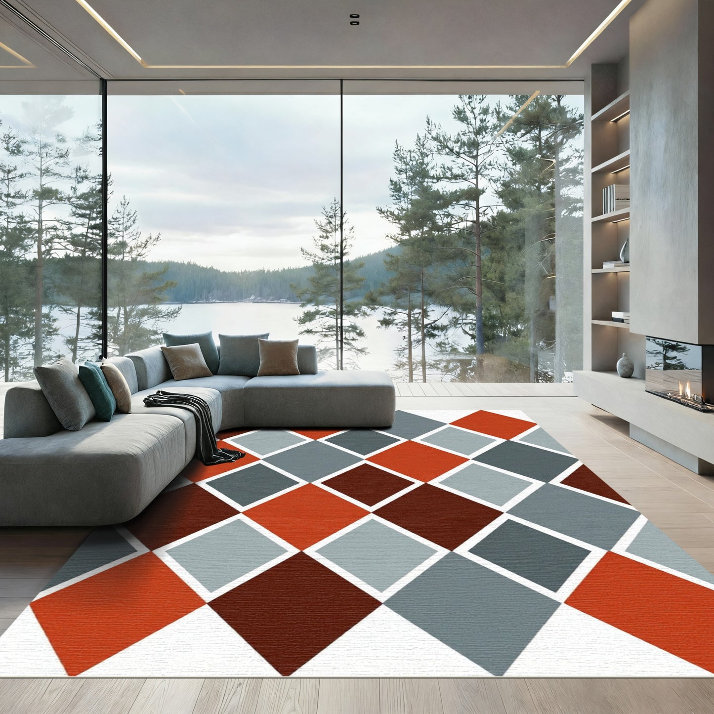 Geometric Diamond Harlequin Teal Red Rug