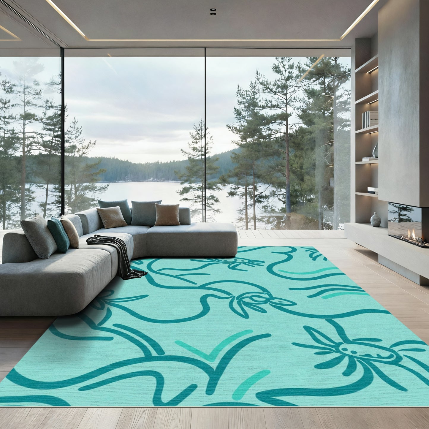 Coastal Teal Sea Creature Stream Rug