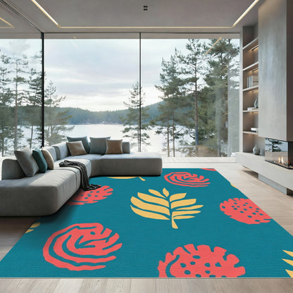 Teal Coral Leaf Botanical Arrangement Rug