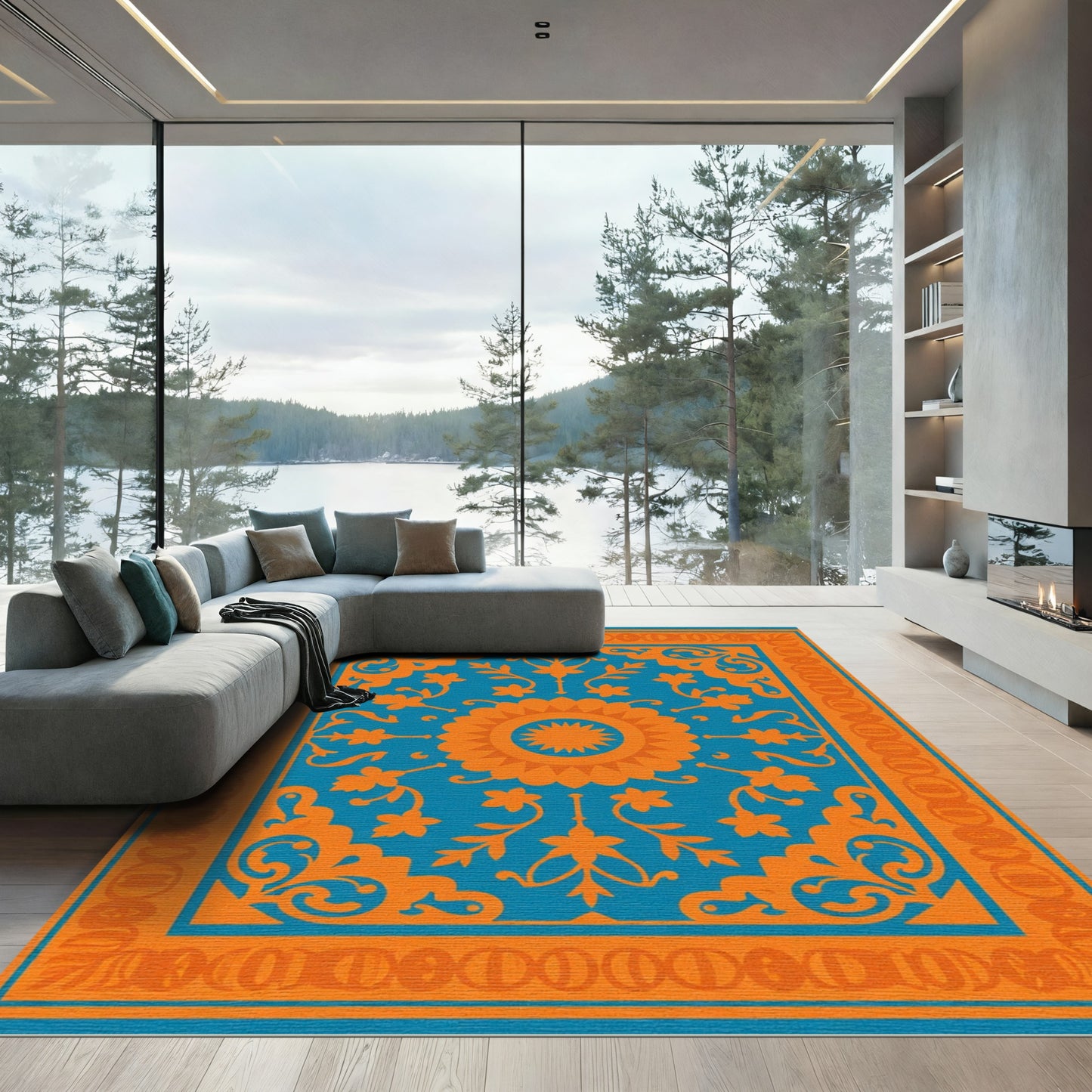 Orange Medallion Blue Scrollwork Rug