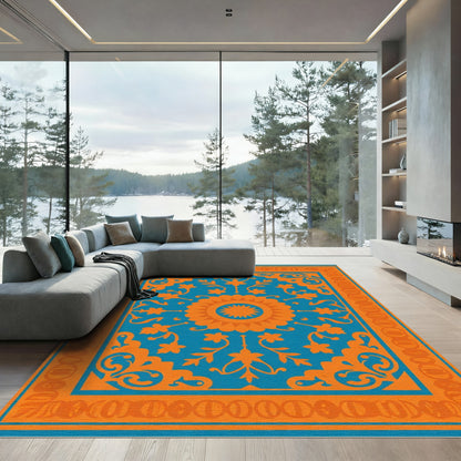 Orange Medallion Blue Scrollwork Rug