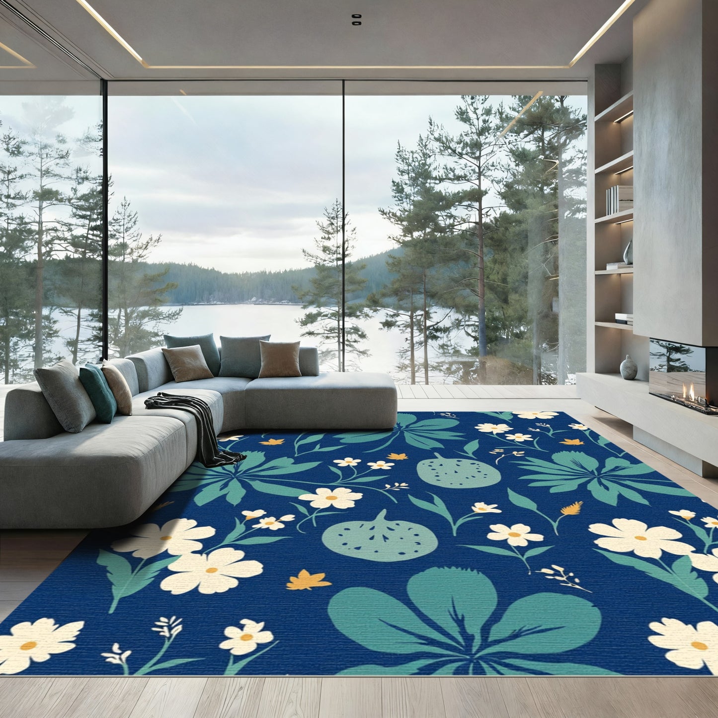 Deep Blue Botanical Floral Garden Rug