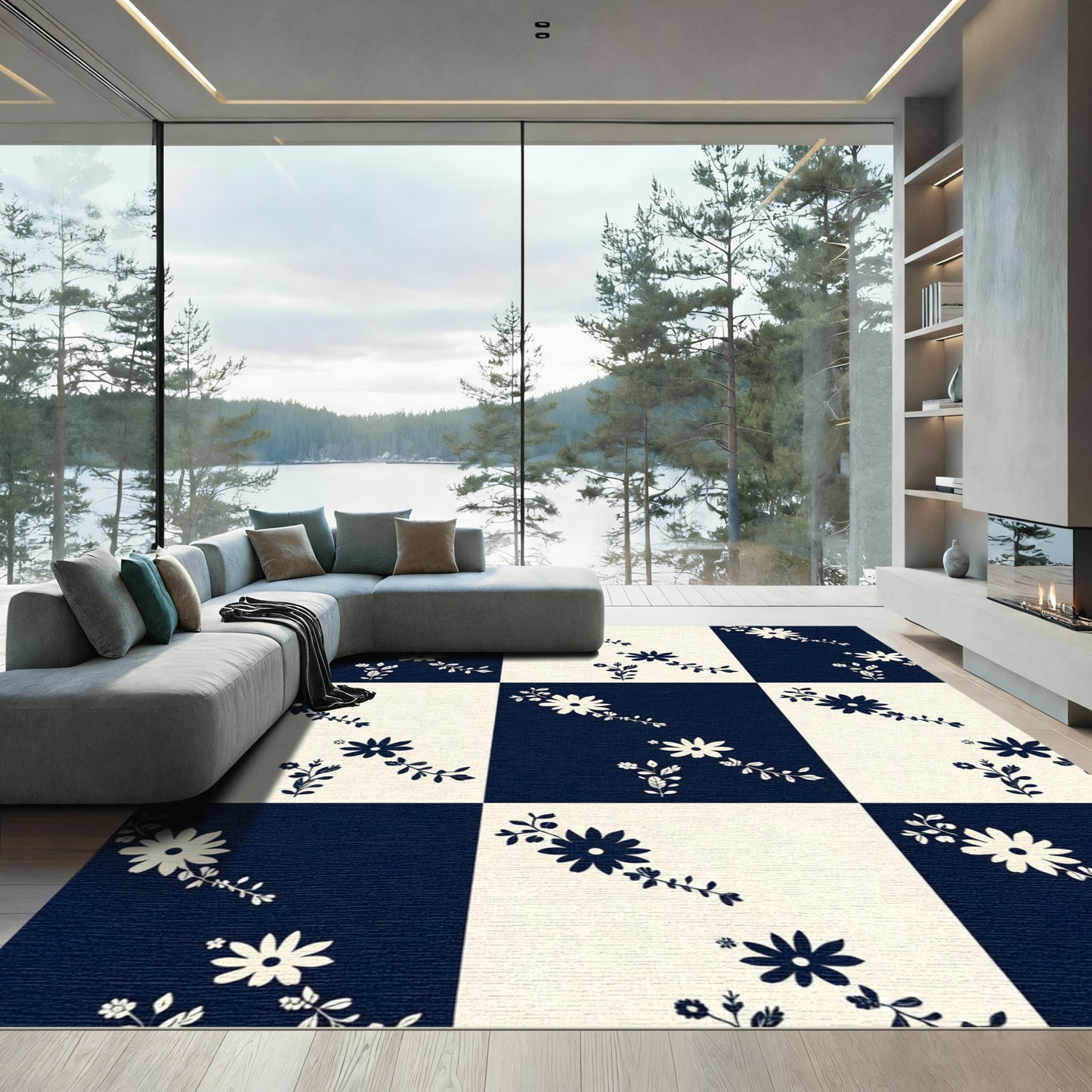 Chic Navy Cream Floral Court Squares Rug