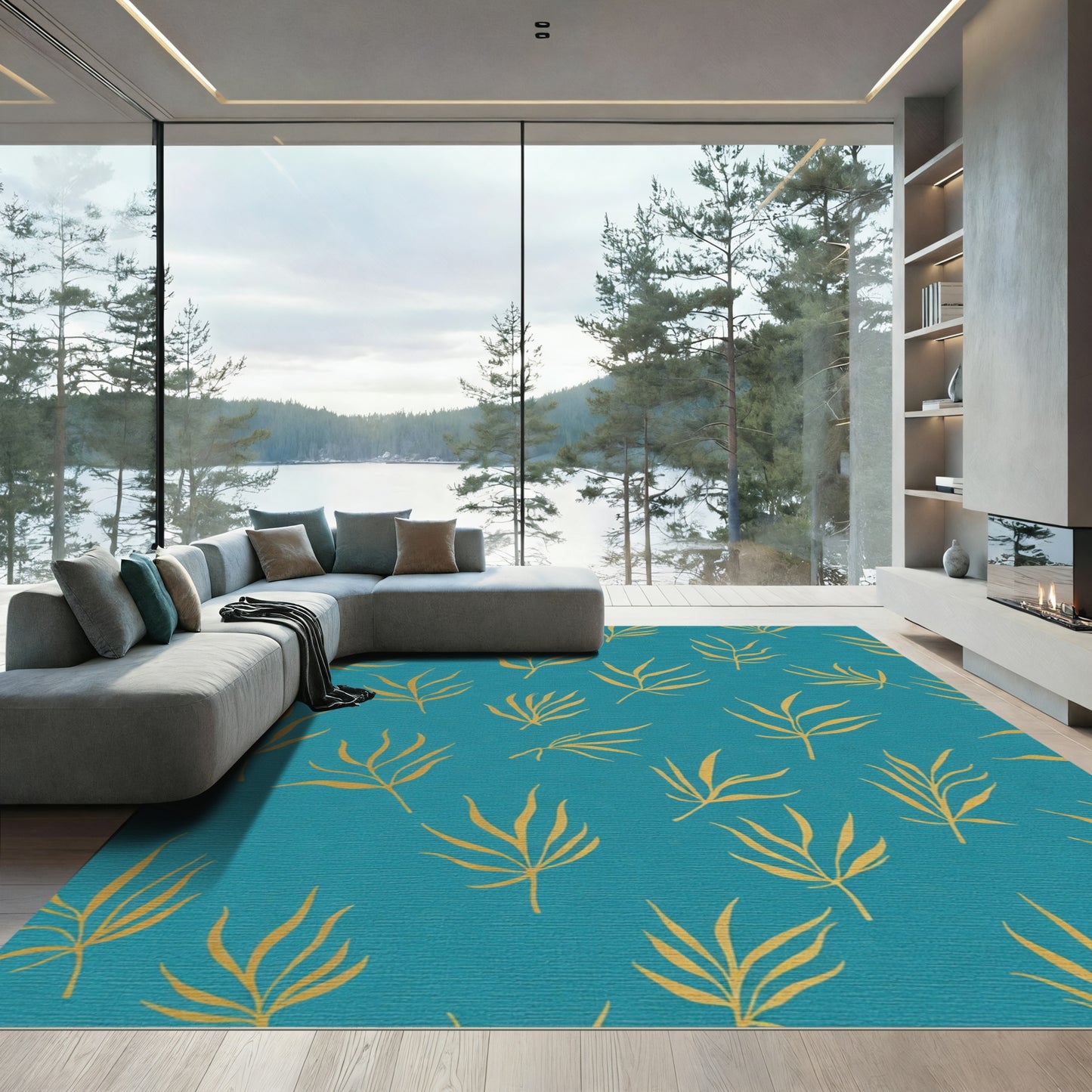 Teal Yellow Palm Frond Scatter Rug