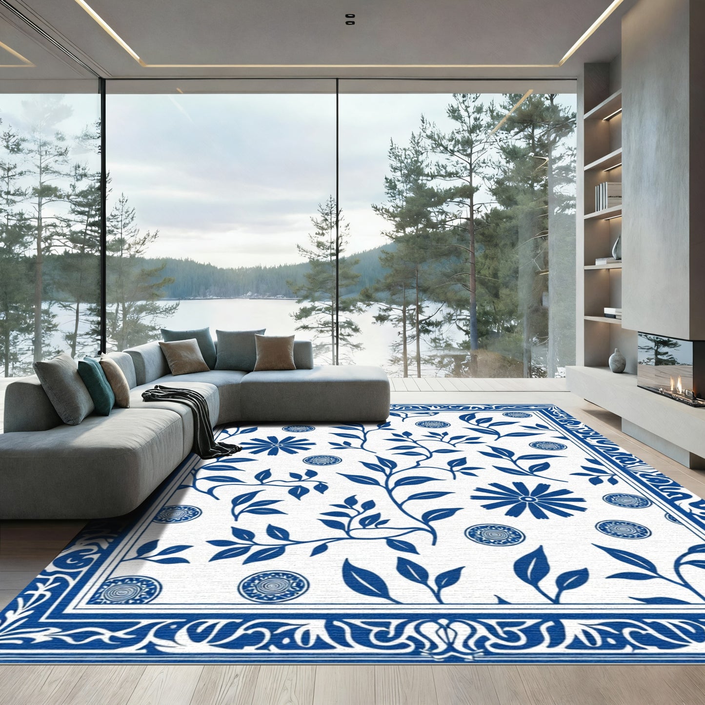 Blue White Floral Bordered Medallion Rug