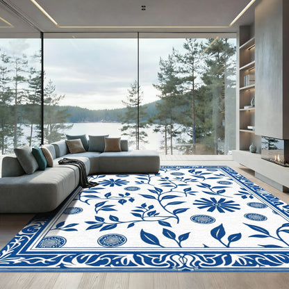 Blue White Floral Bordered Medallion Rug