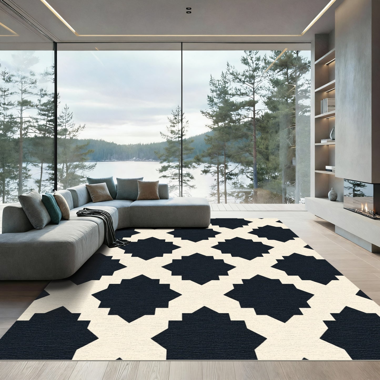 Black Cream Geometric Octagon Overlay Rug