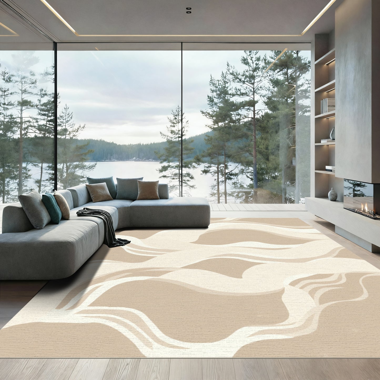 Earthy Beige Abstract Wavy Rug