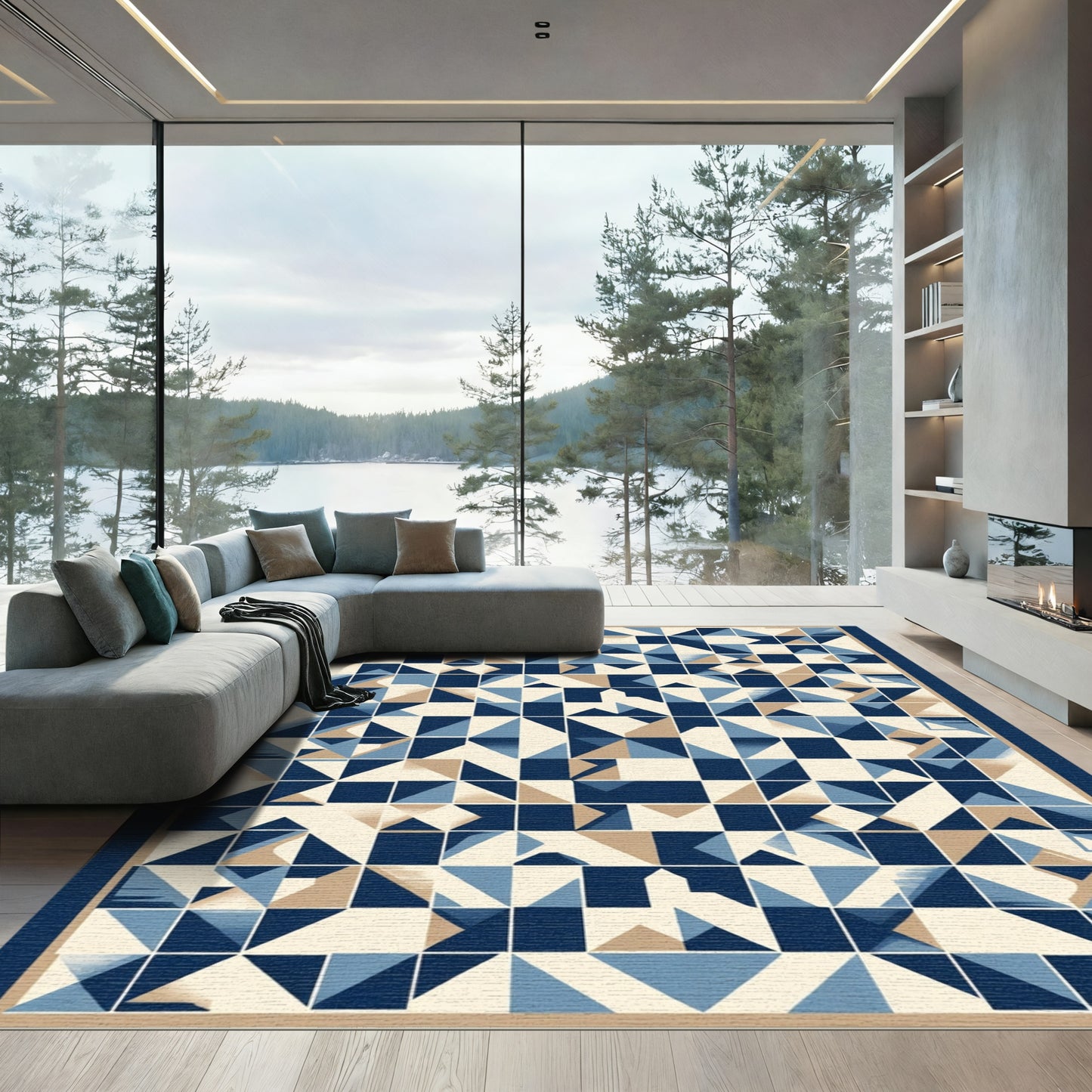 Navy Blue Geometric Fragmented Field Rug