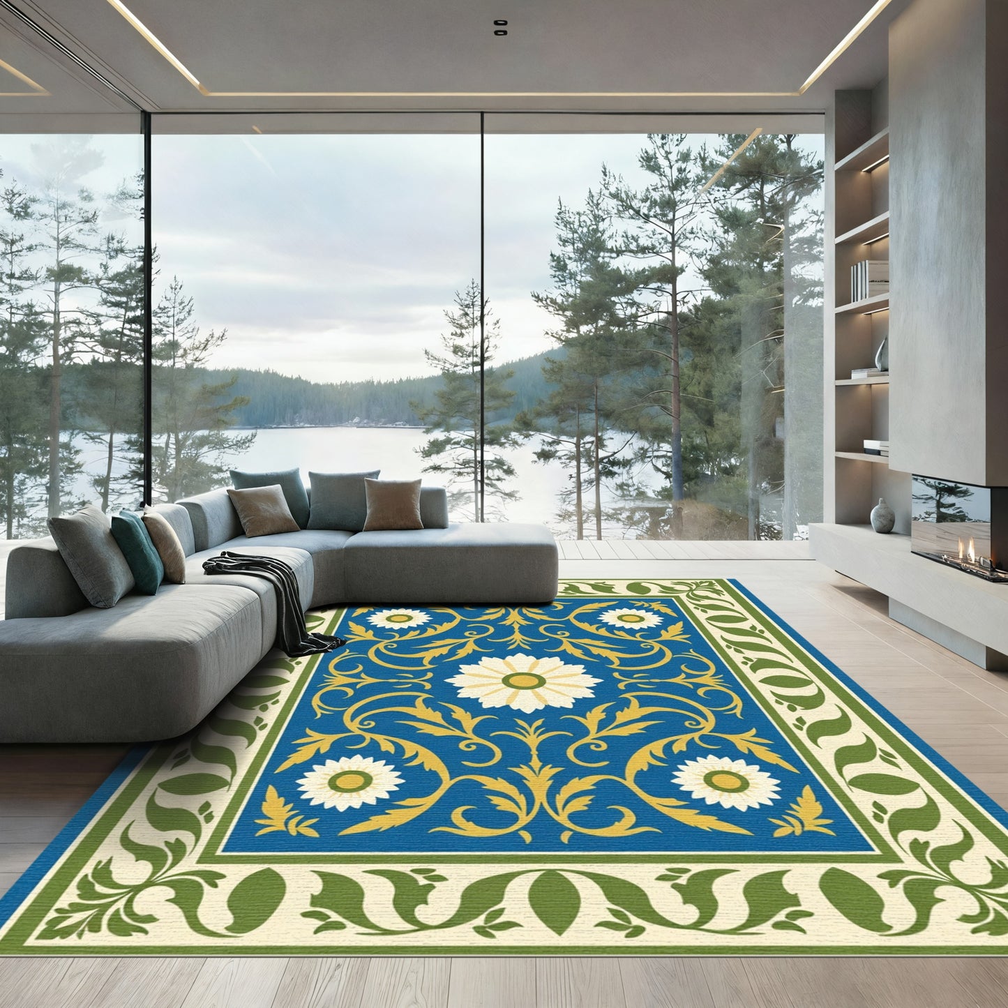 Royal Blue Golden Floral Border Rug