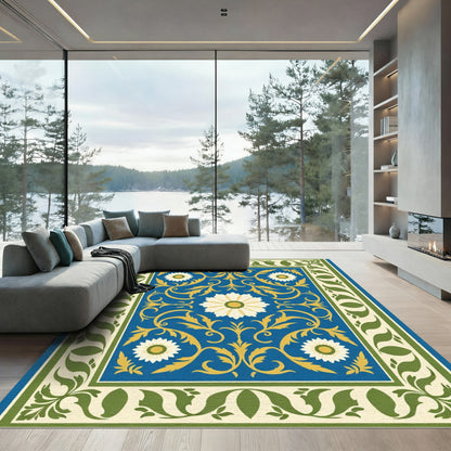Royal Blue Golden Floral Border Rug