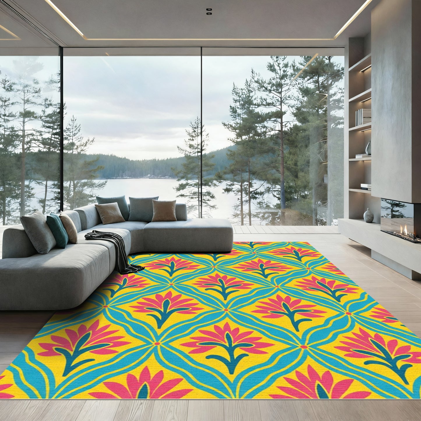 Bold Magenta Floral Wavy Lattice Rug