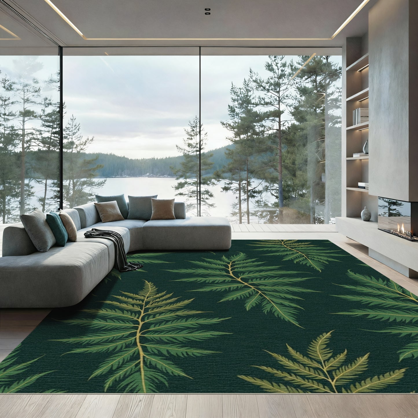 Dark Green Fern Leaves Art Rug