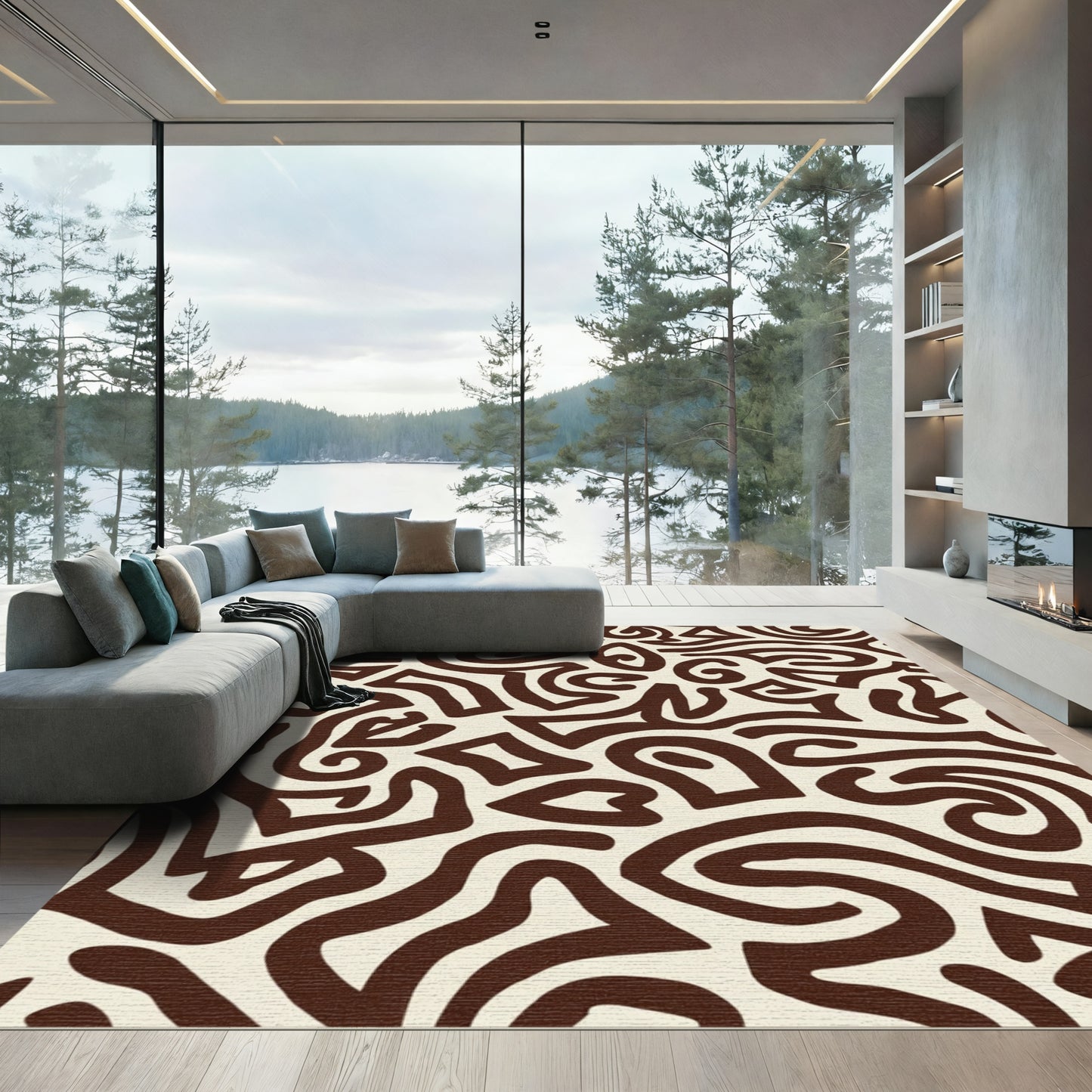 Organic Cream Brown Abstract Swirl Rug
