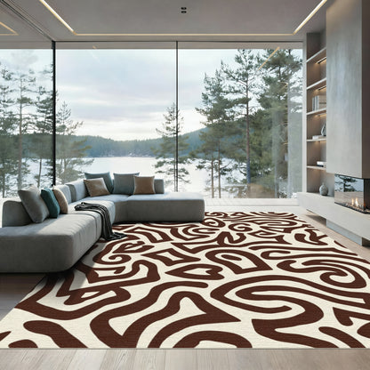 Organic Cream Brown Abstract Swirl Rug