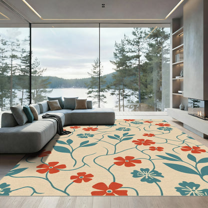 Red Teal Floral Vine Art Rug