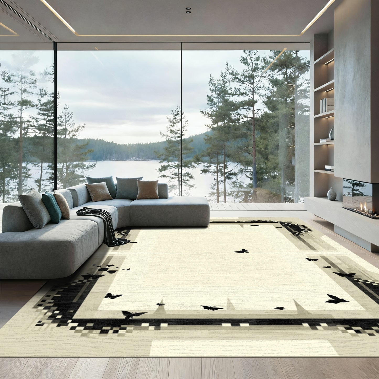 Monochrome Pixel Art Butterfly Swarm Rug