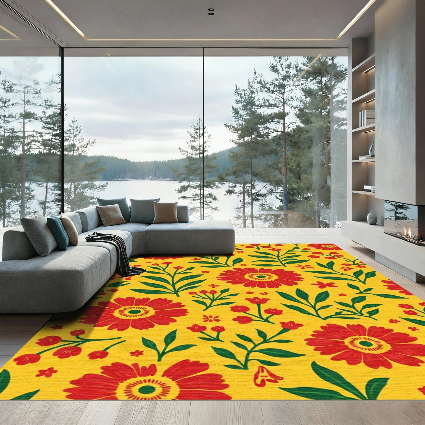 Vibrant Red Floral Yellow Background Rug