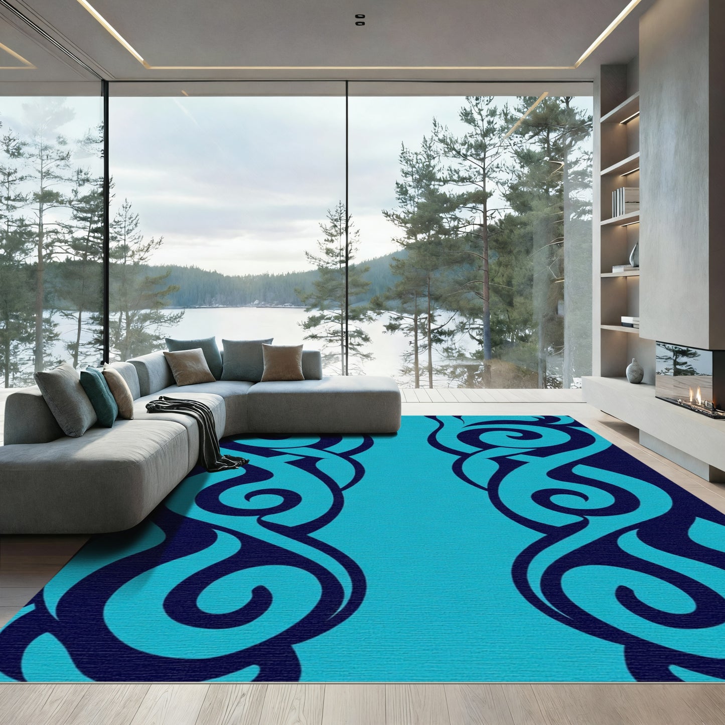 Deep Blue Teal Swirling Intertwined Elements Rug