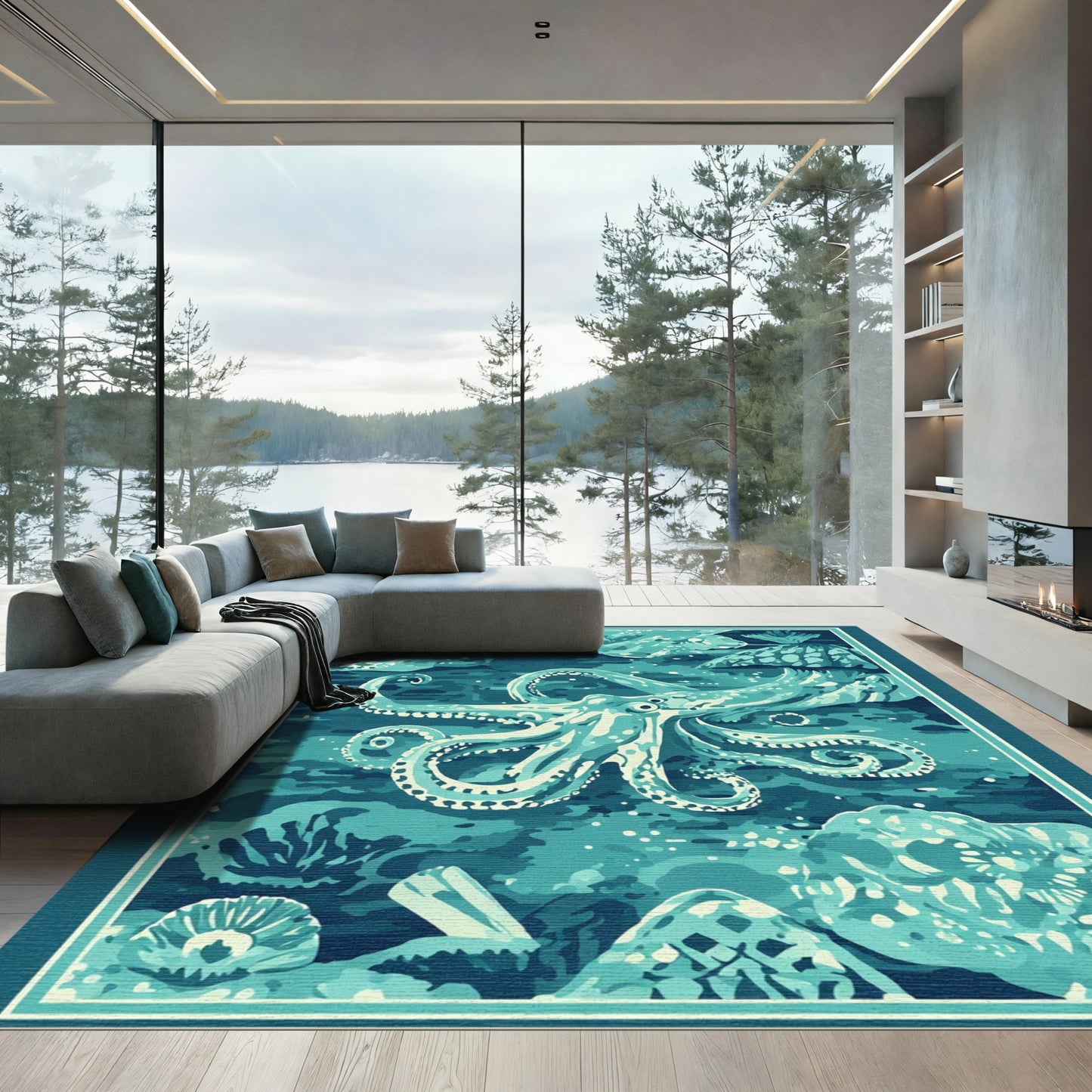 Aqua Octopus Undersea Coral Scene Rug