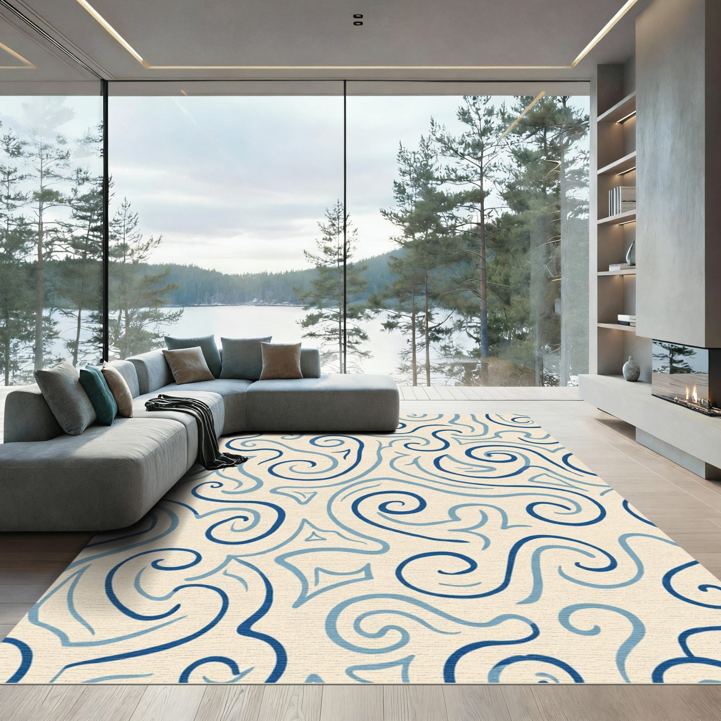 Cream Navy Swirling Abstract Curves Rug