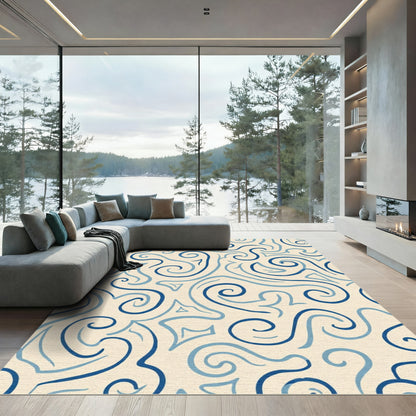 Cream Navy Swirling Abstract Curves Rug