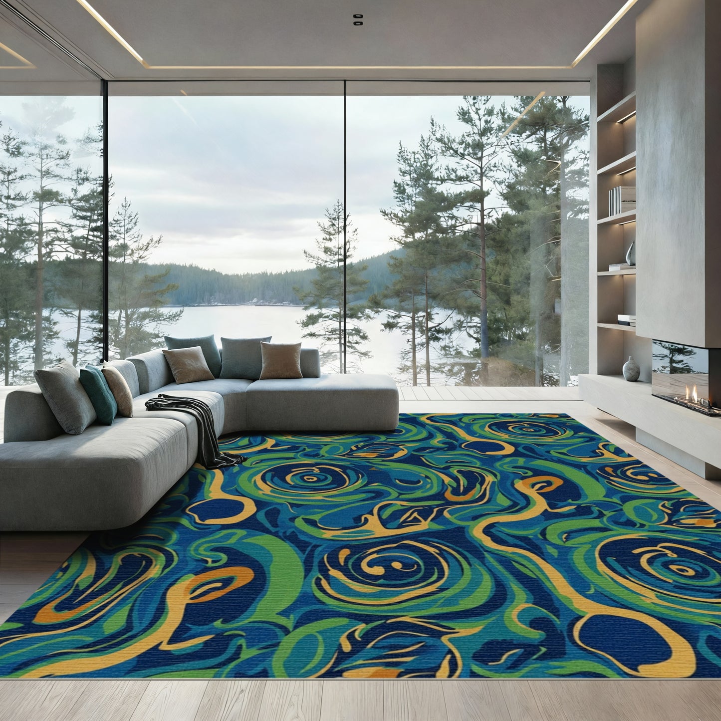 Abstract Swirls Blue Green Gold Rug