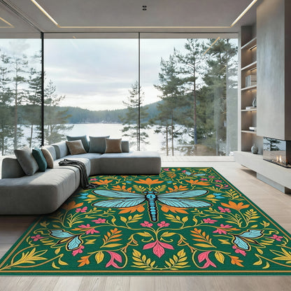 Green Emerald Dragonfly Floral Art Rug