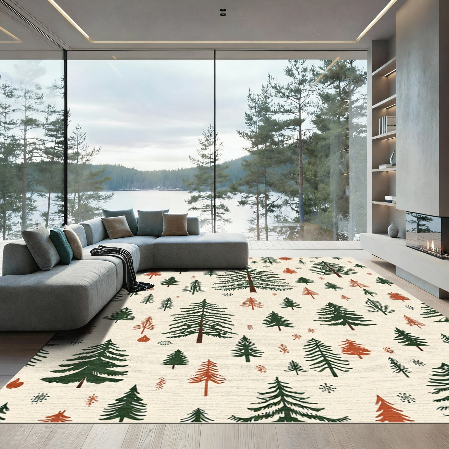 Forest Pines Trees Cream Background Rug