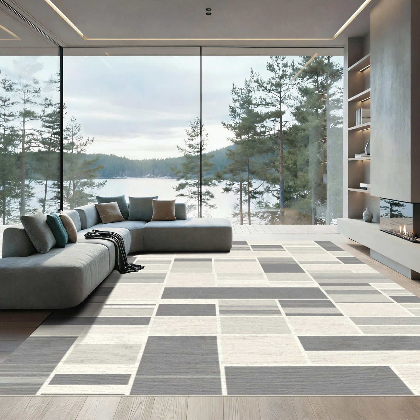 Modern Gray Geometric Block Rug