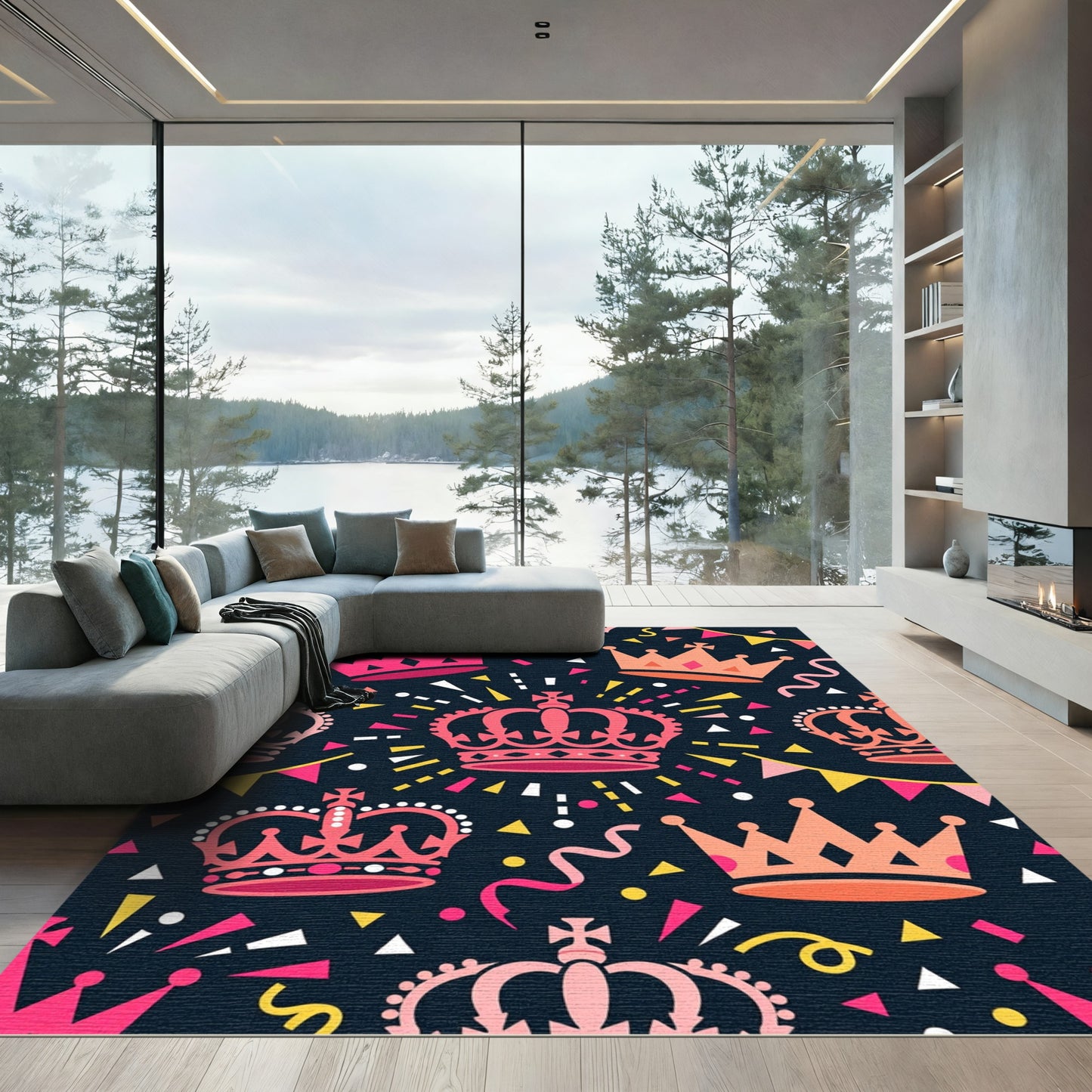 Pink Crown Confetti Celebration Rug