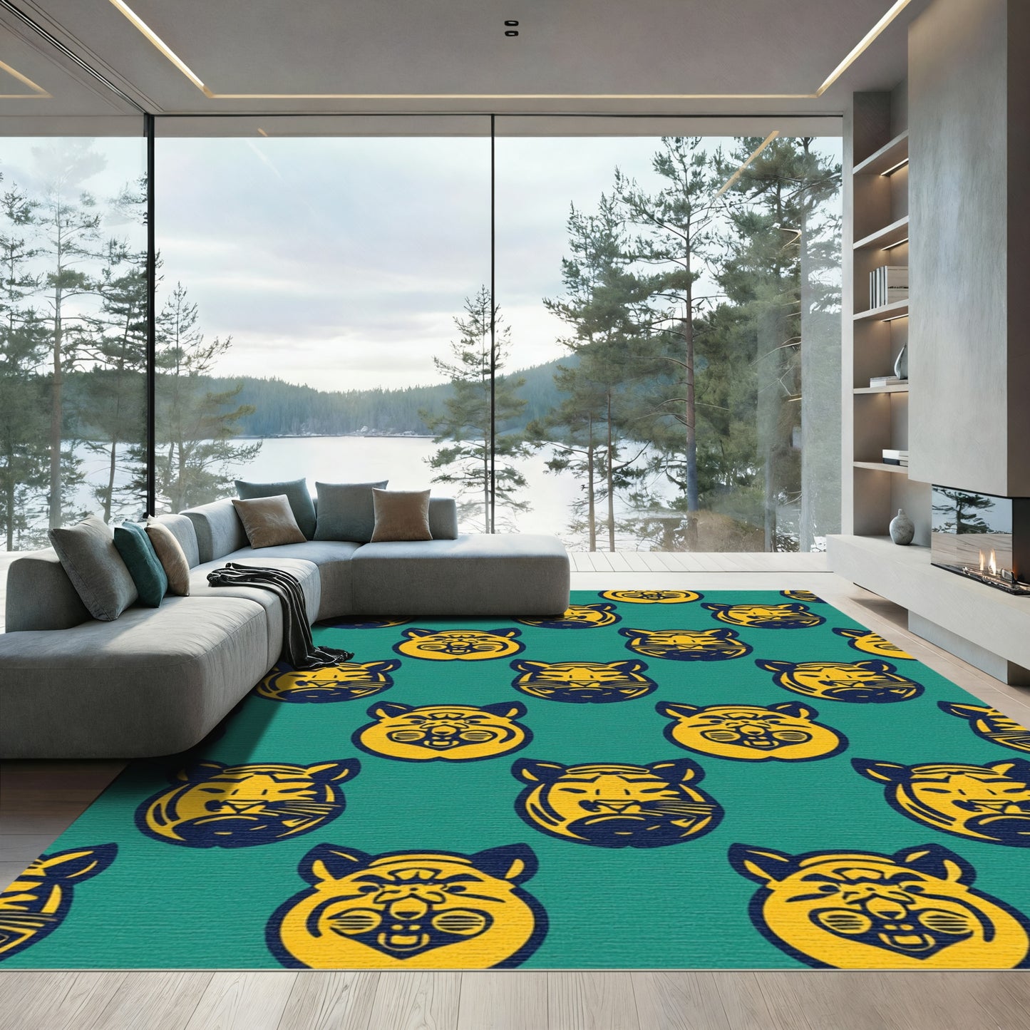 Bold Yellow Tiger Heads Teal Rug