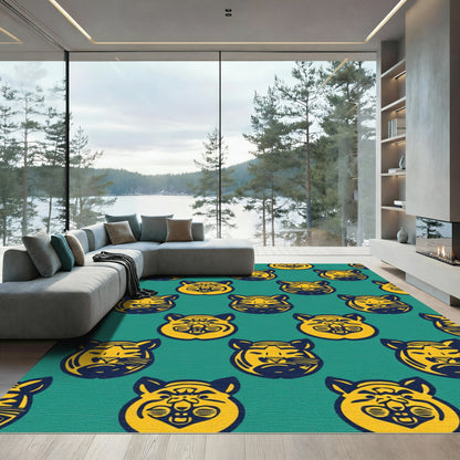 Bold Yellow Tiger Heads Teal Rug