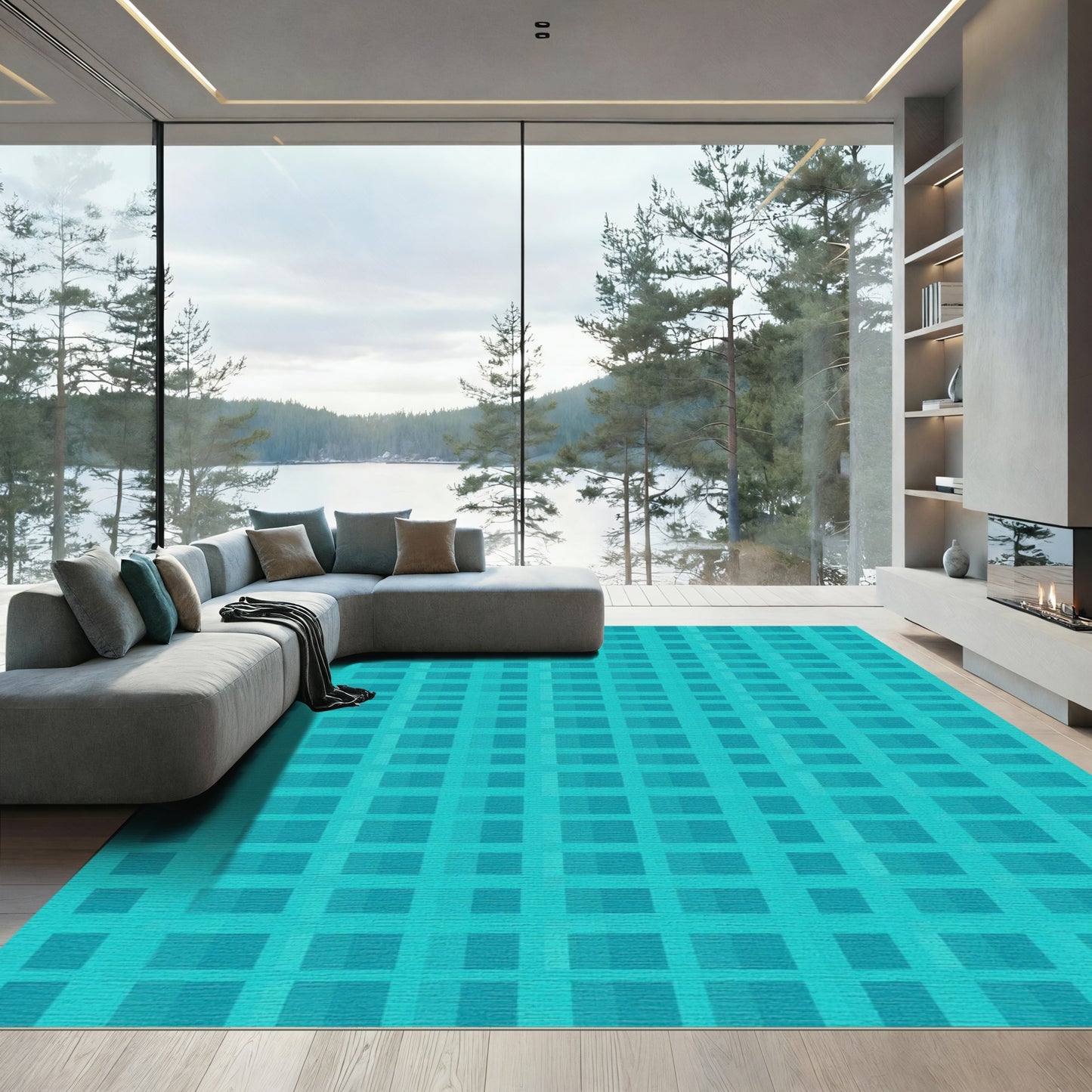 Cyan Plaid Intersecting Lines Rug