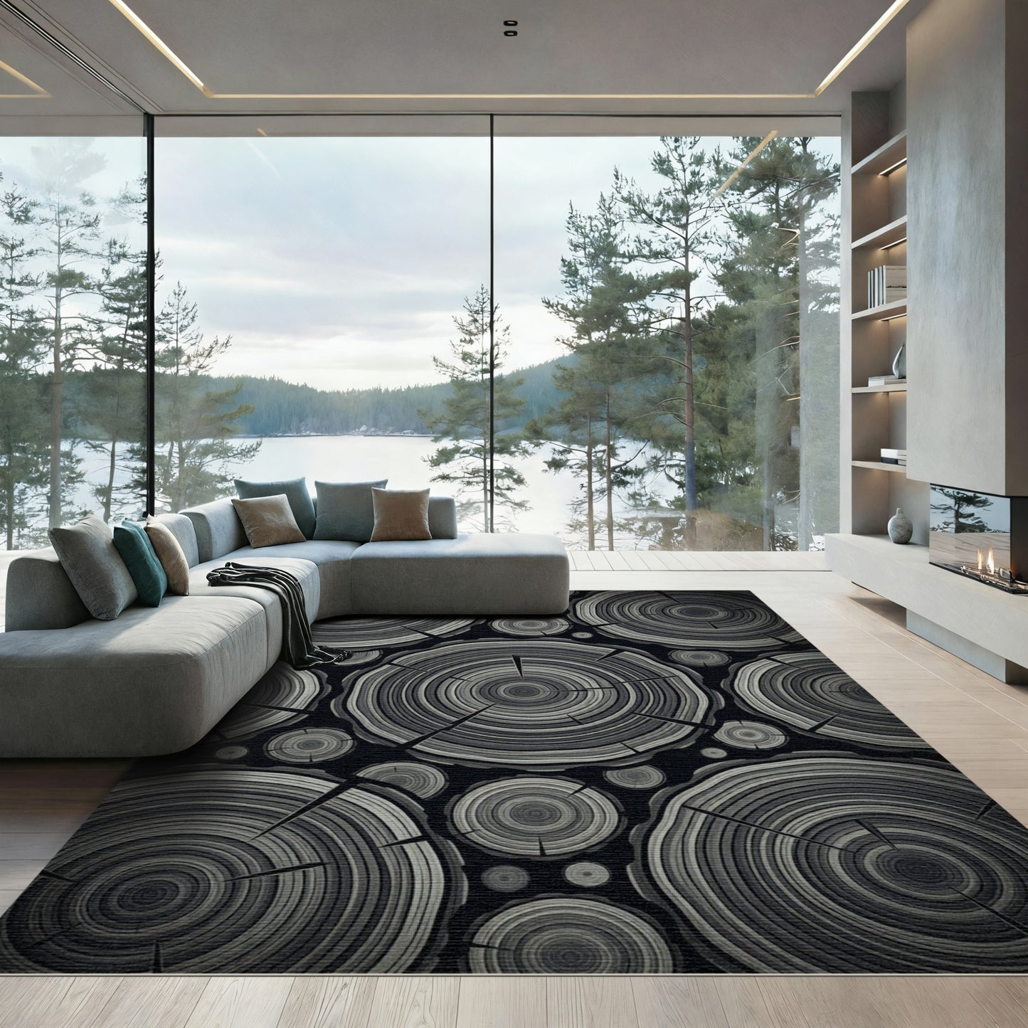 Monochrome Wood Grain Rings Rug