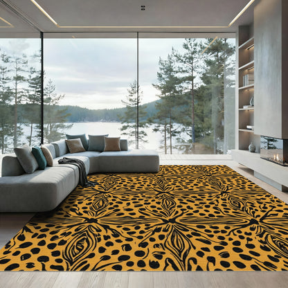 Golden Black Abstract Floral Dot Rug