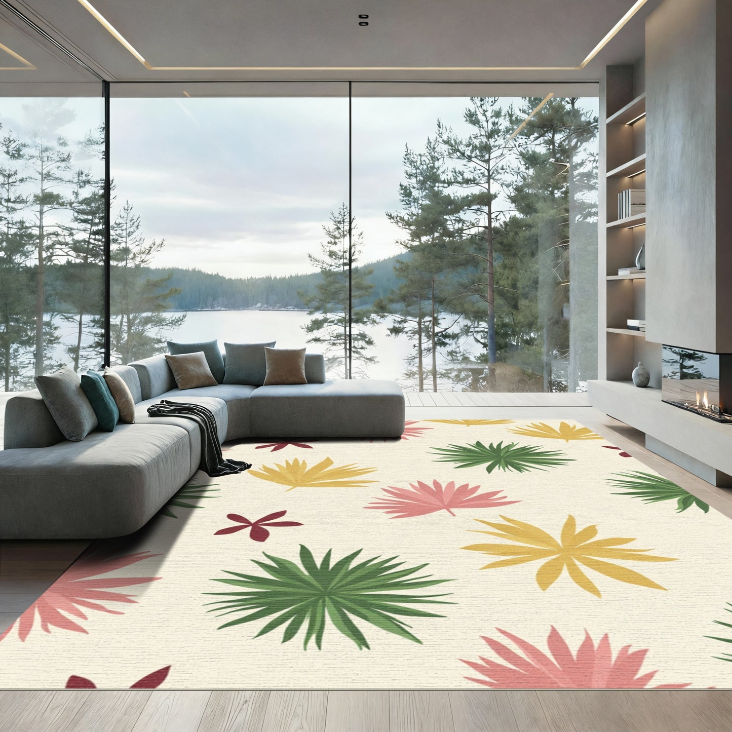 Tropical Leaf Scatter Pink Green Yellow Rug