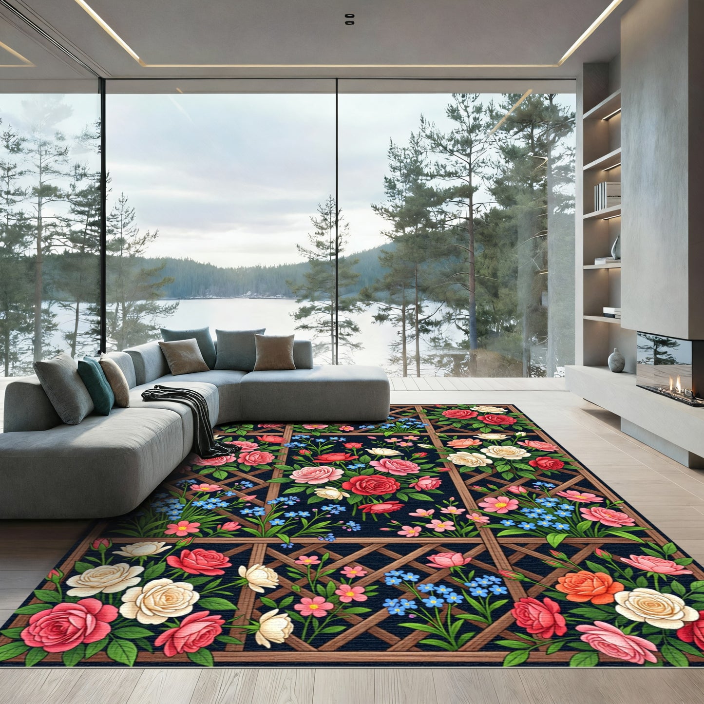 Wooden Lattice Rose Garden Tapestry Rug