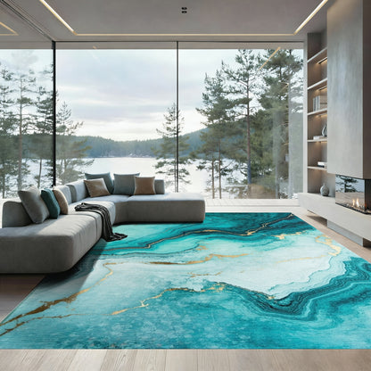 Teal Gold Veined Marble Rug
