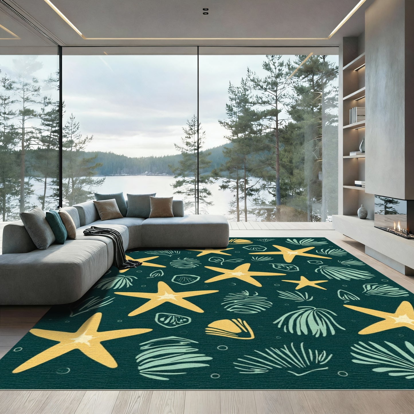 Yellow Starfish Teal Sea Life Repeat Rug