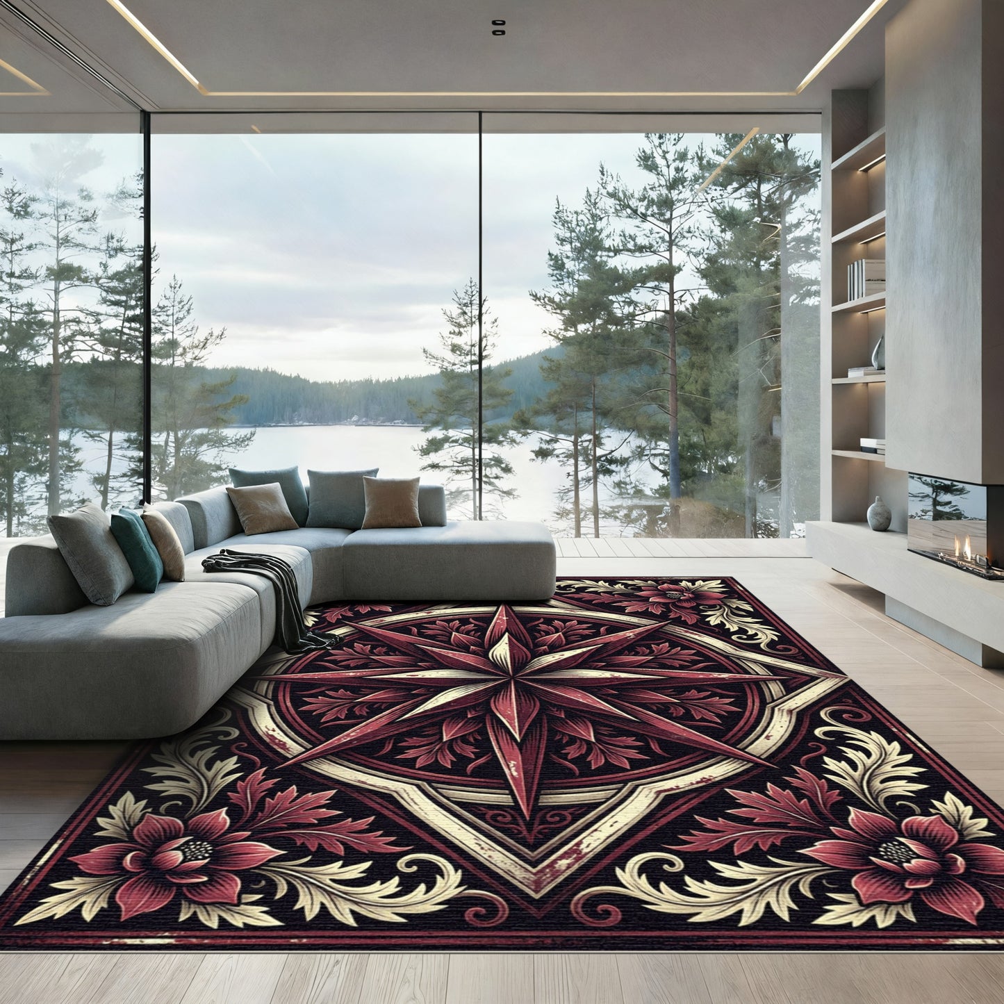 Crimson Star Floral Emblem Rug
