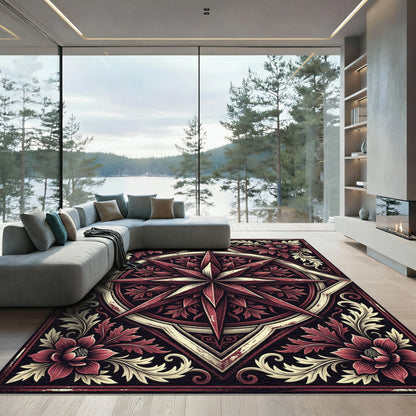 Crimson Star Floral Emblem Rug
