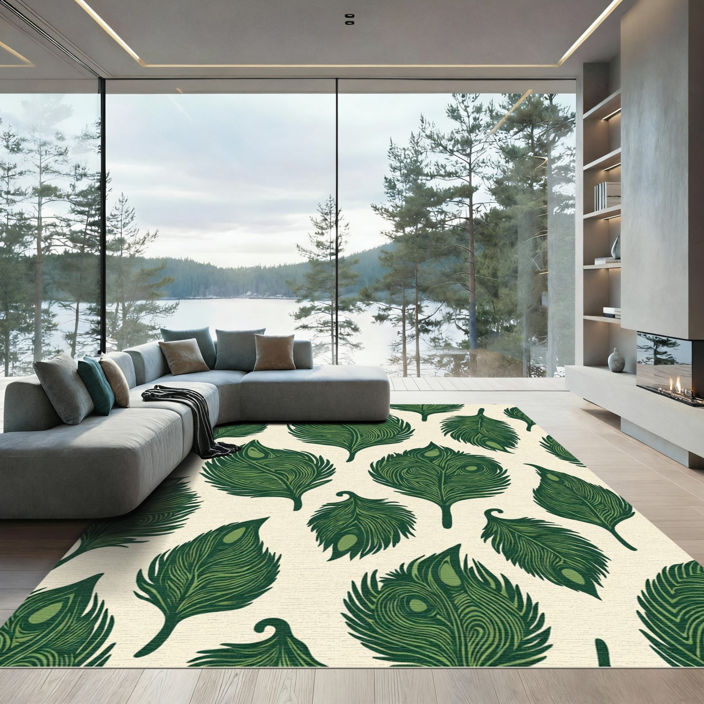 Emerald Green Feathered Fan Arrangement Rug