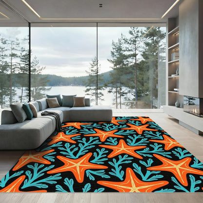 Orange Starfish Teal Coral Black Rug