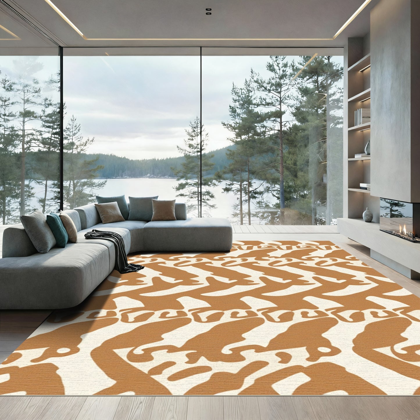 Abstract Ochre Cream Organic Shapes Rug