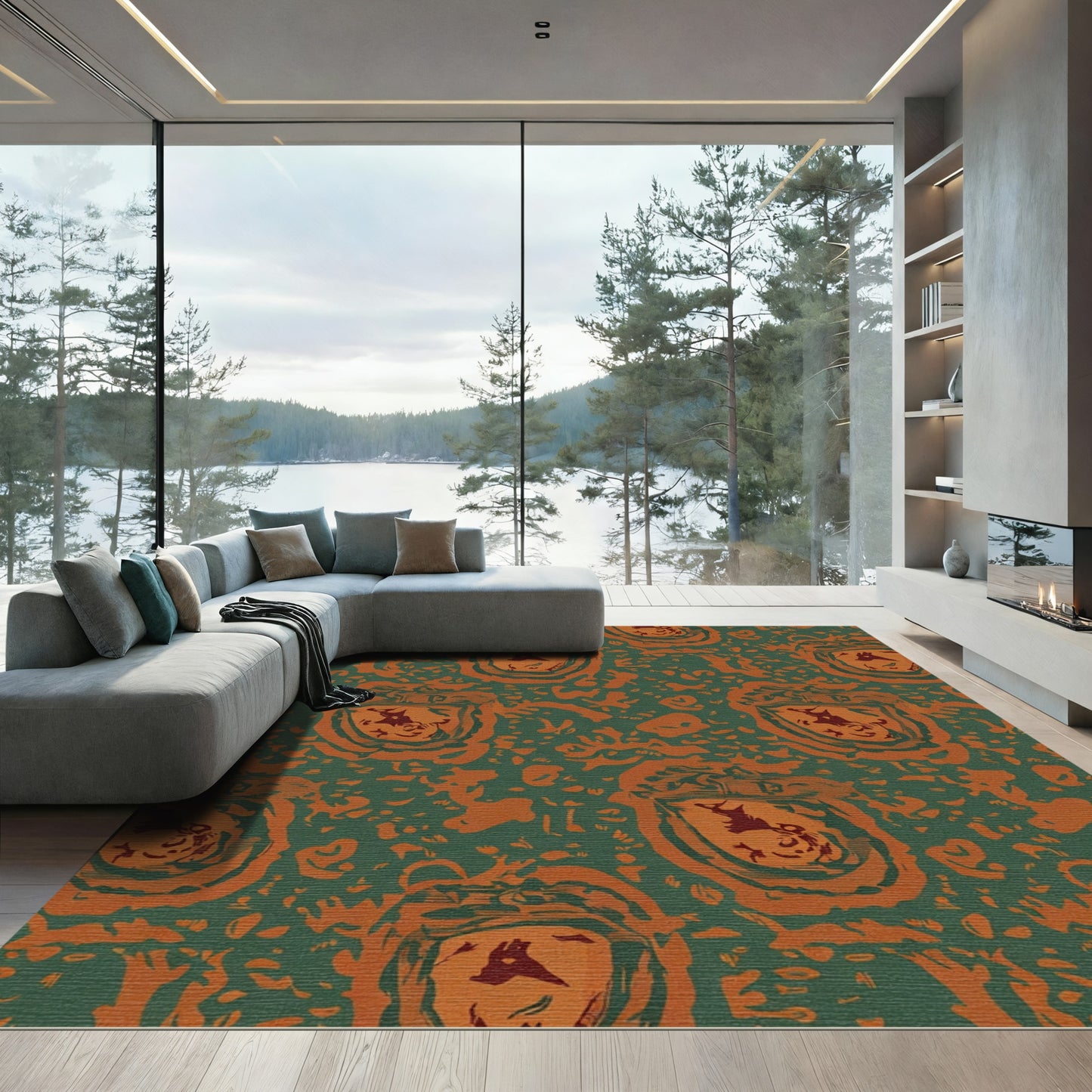 Crimson Green Abstract Oval Frame Rug
