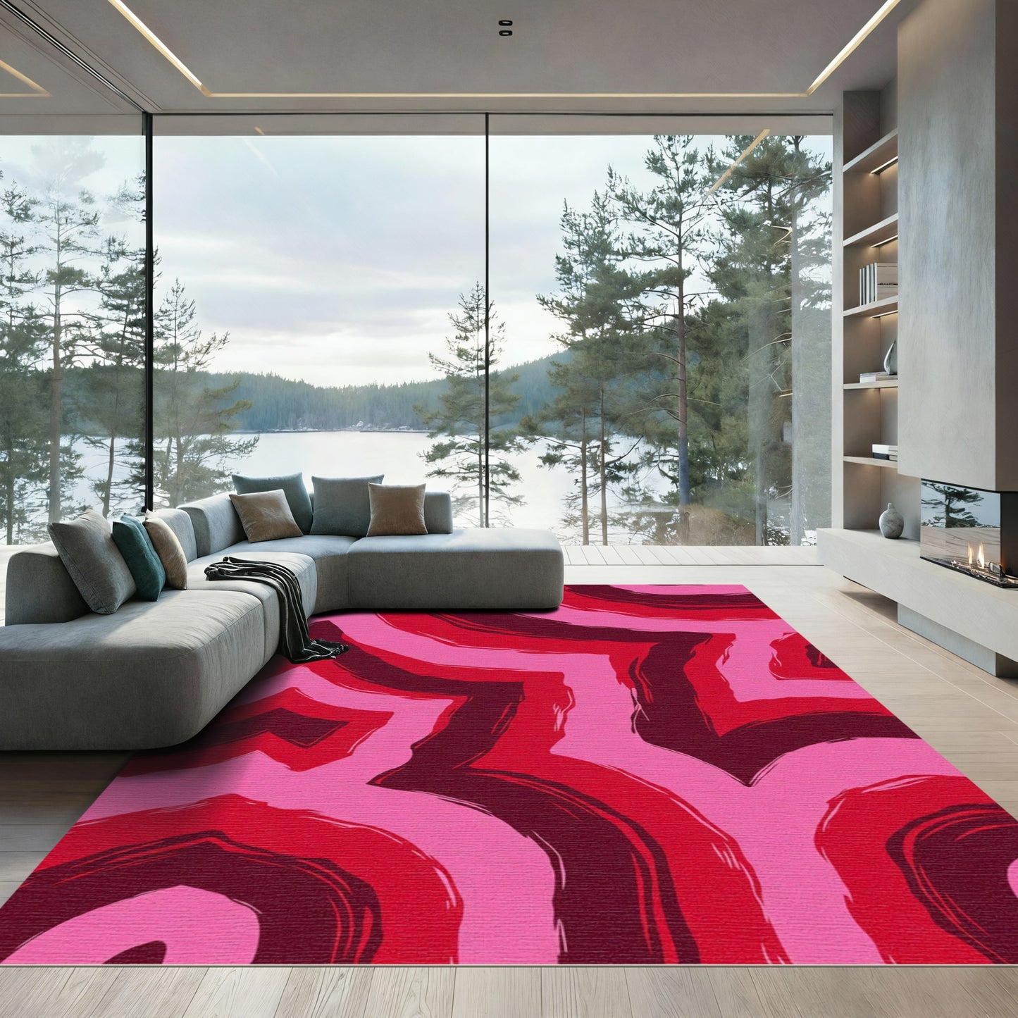 Crimson Pink Swirling Abstract Rug