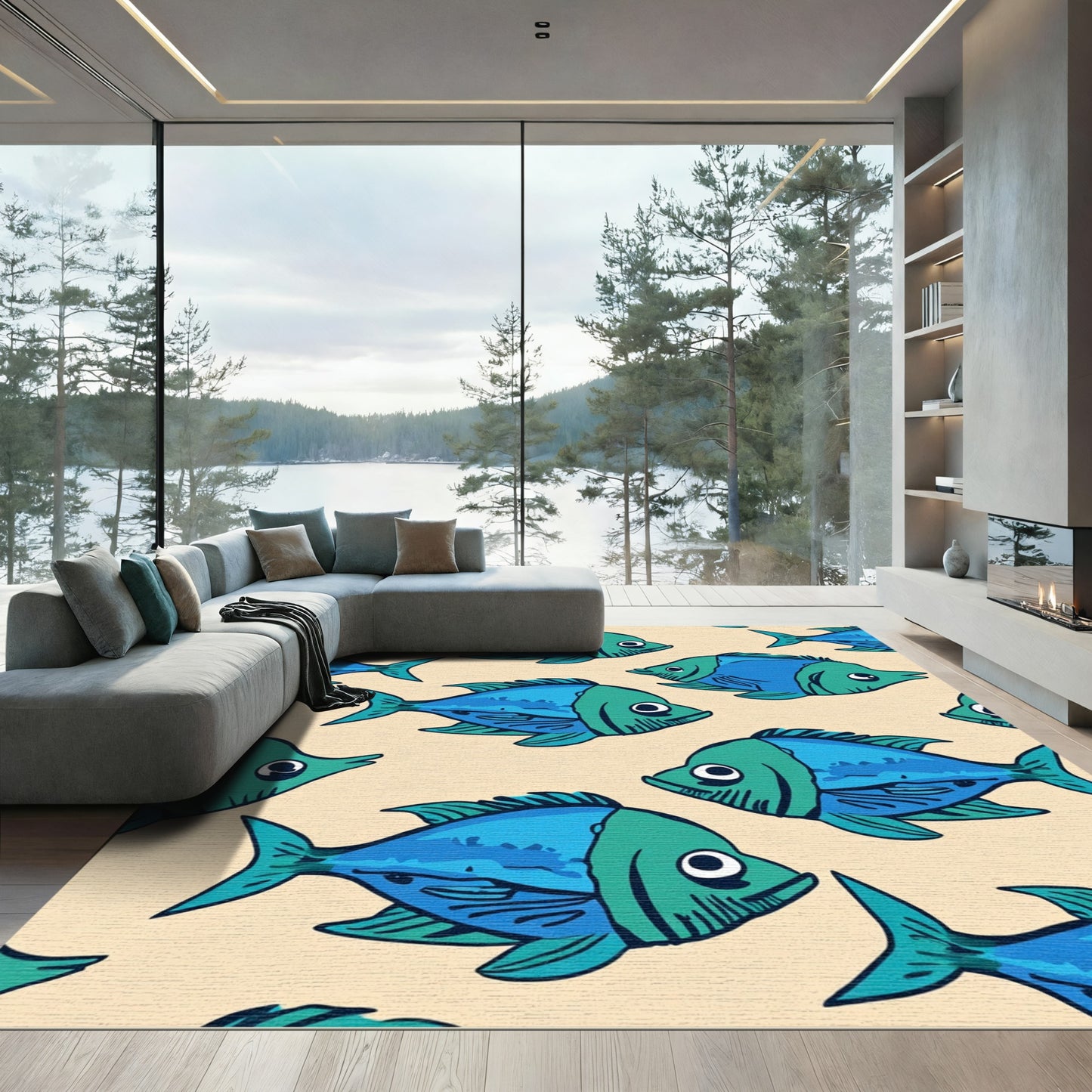 Blue Green Fish School Repeating Pattern Rug